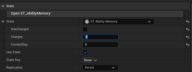 Ability State selects ST Ability Memory, initializes three charges and uses Server replication.