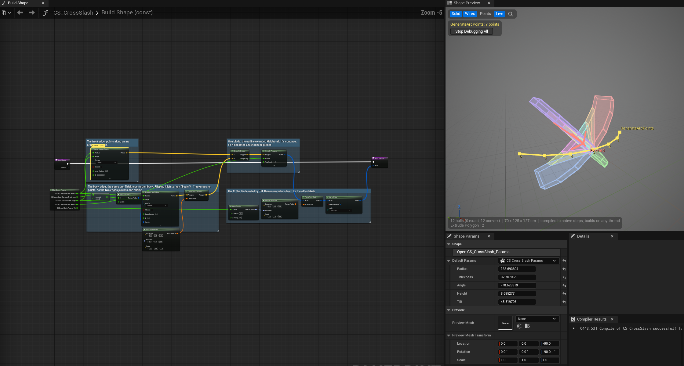 Cross Slash's construction graph, live shape preview and parameter controls.