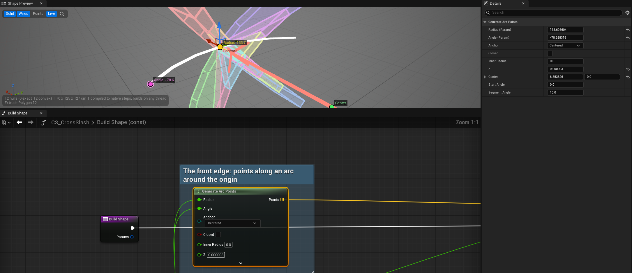 Cross Slash's Generate Arc Points selected: its points drawn along the arc, with Radius, Angle and Center handles.