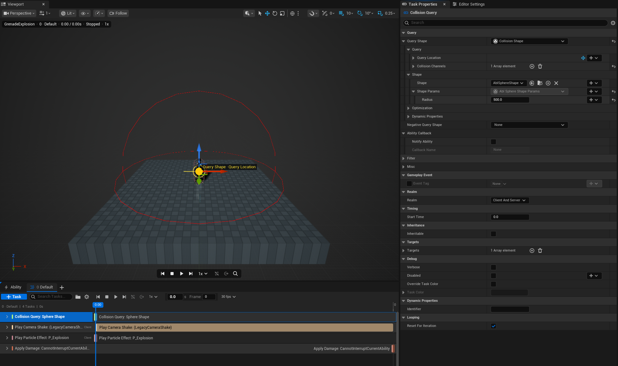 GrenadeExplosion's Collision Query: a Sphere Shape of radius 500 in the Ability Editor viewport, with its location gizmo.
