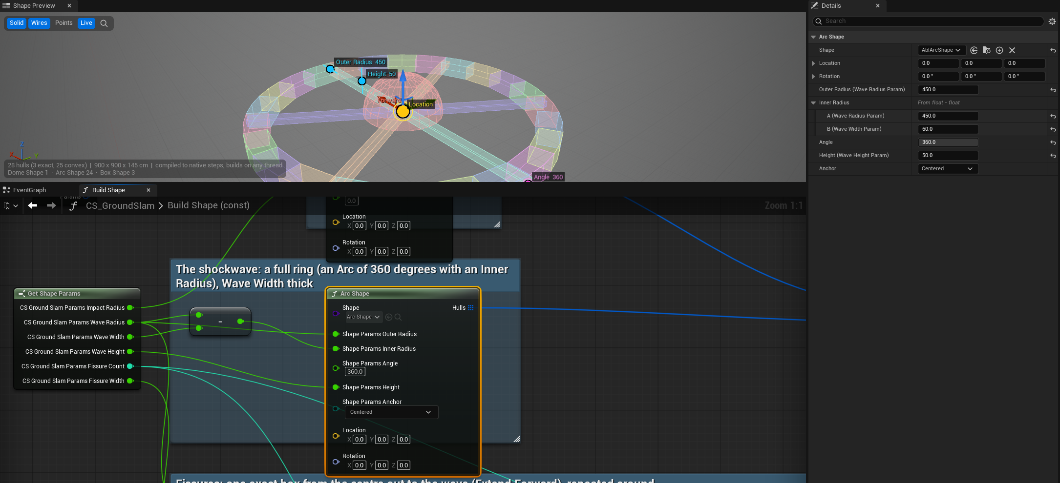 Ground Slam's Arc Shape node selected: Outer Radius, Height, Angle and Location handles on the ring, its inputs in Details.