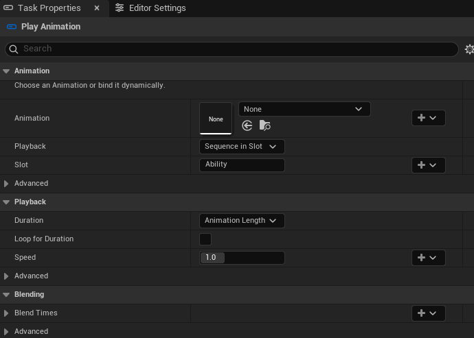 Play Animation groups playback, duration, speed and blending controls.
