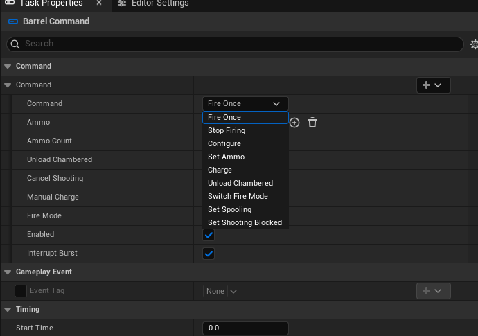 Barrel Command lists firing, configuration, ammo, charge, chamber and spool operations.
