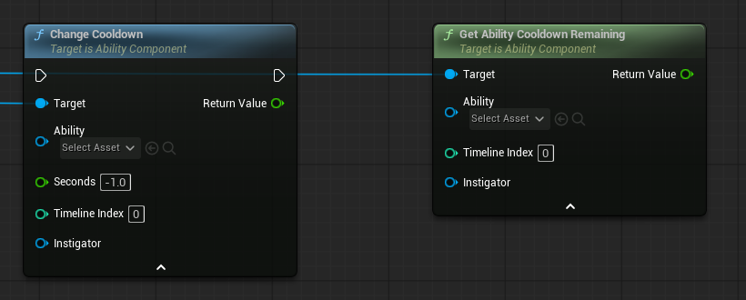 Change Cooldown and Get Ability Cooldown Remaining expose Timeline Index and Instigator controls.