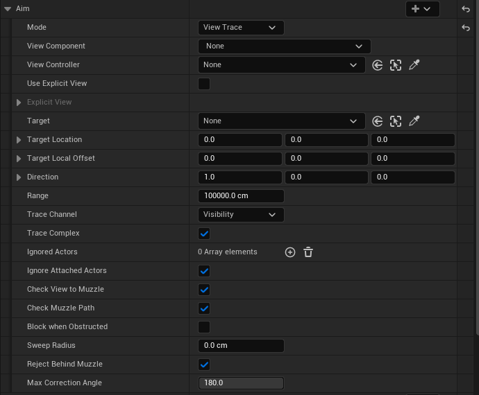 Easy Aim in View Trace mode exposes view-source and obstruction settings.