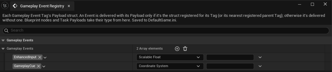 The project's Gameplay Event Registry pairs tags with payload structs.