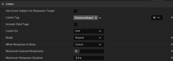 Listen for Gameplay Event uses Repeat, Queue, eight queued responses and a two-second response watchdog.