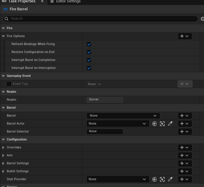 Fire Barrel exposes held-fire cleanup, barrel selection and bindable weapon configuration.