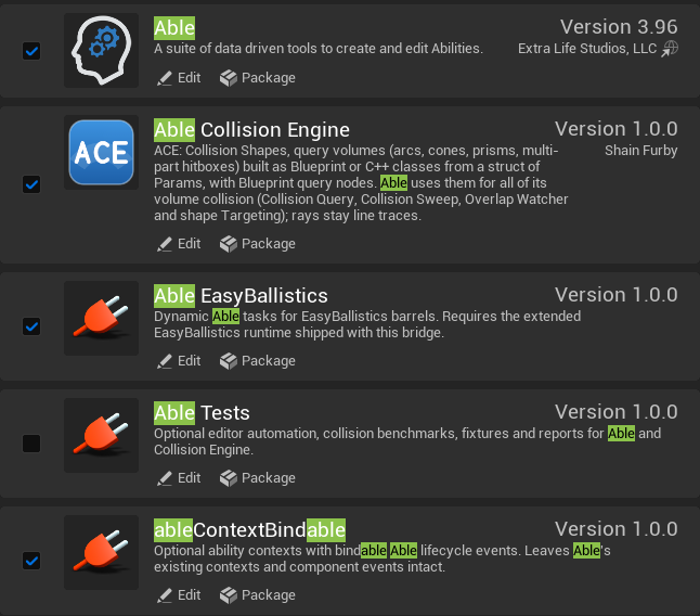 Plugin browser separates Able, Able Collision Engine, EasyBallistics, optional Able Tests and bindable contexts.