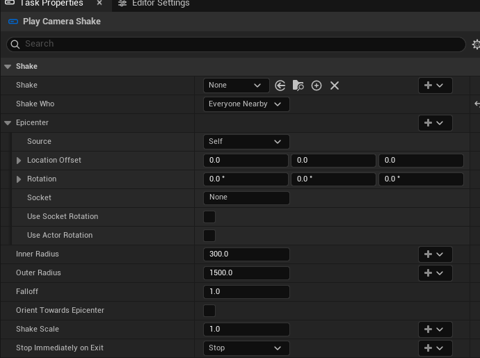 Nearby camera shake exposes epicenter, radii and falloff controls.