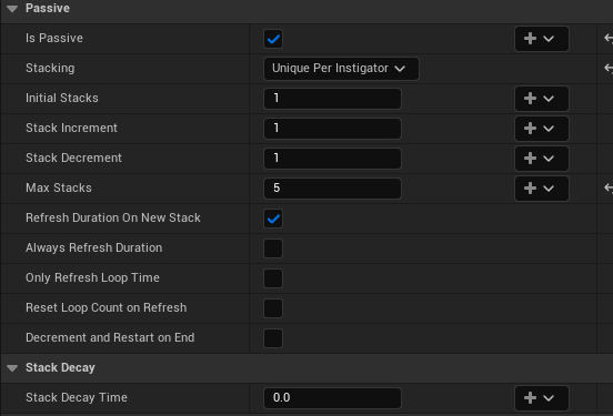Passive settings use Unique Per Instigator, five maximum stacks and duration refresh on new stacks.