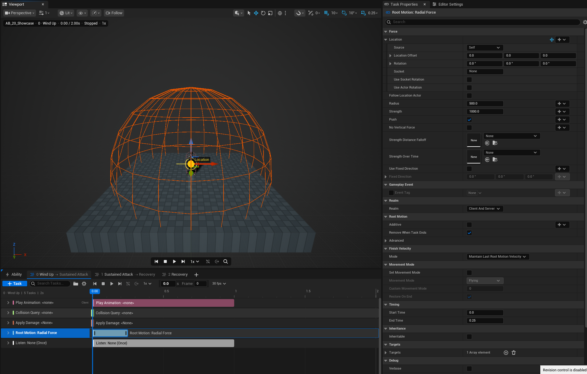 Root Motion Radial Force displays its radius and origin gizmo in the viewport beside its settings.