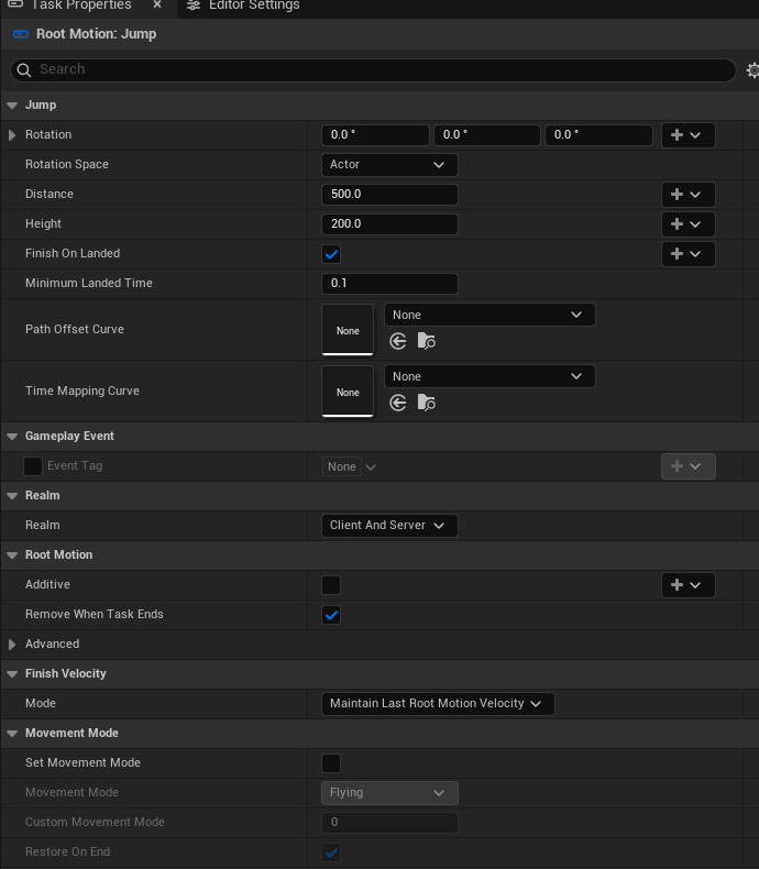 Jump exposes distance, height and Finish On Landed.