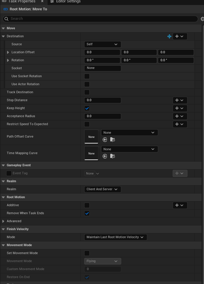 Move To exposes destination tracking, stop distance and path curves.