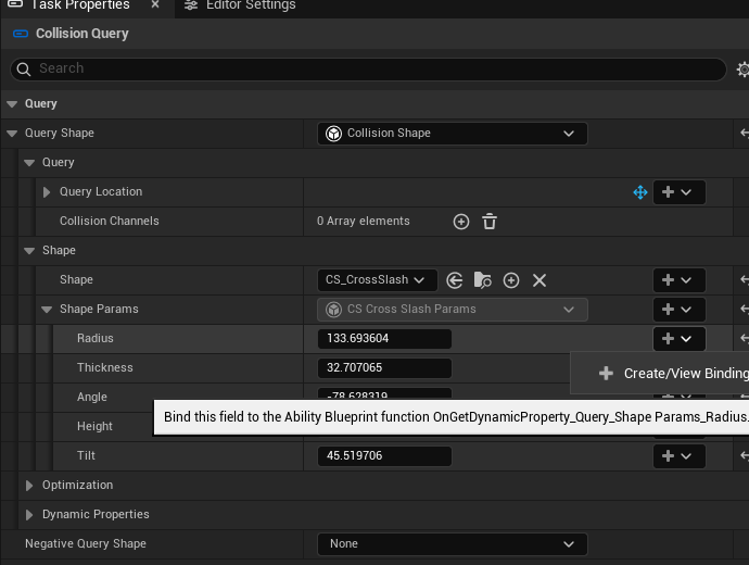 Collision Query exposes Cross Slash's Radius, Thickness, Angle, Height and Tilt with separate binding controls.