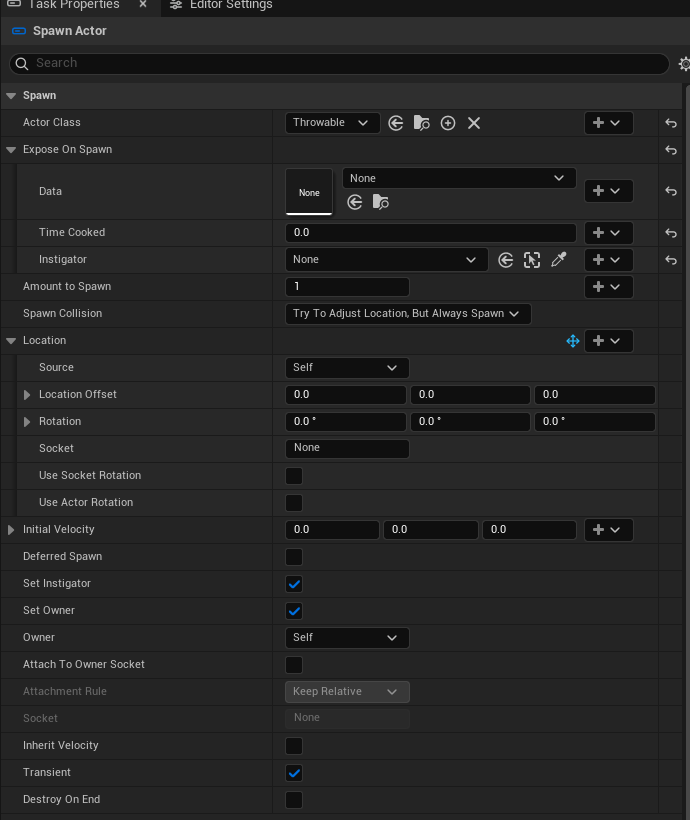 Spawn Actor exposes the Throwable class's bindable Data, Time Cooked and Instigator spawn variables.