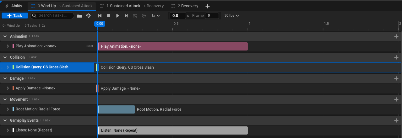 Animation, collision, damage, movement and gameplay-event tasks are separated into timeline groups.