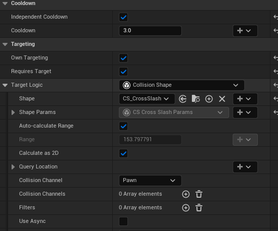 A timeline owns a three-second cooldown and Cross Slash targeting with automatic range.